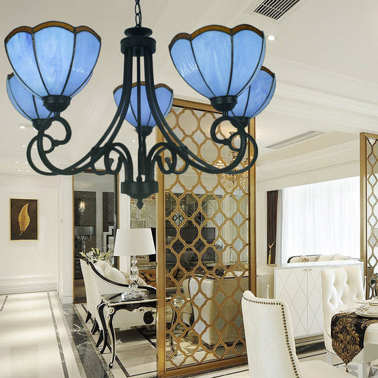 Yellow/Blue Tiffany Stained Glass Chandelier: Scalloped Style - 5-Light Pendant Lighting For Living