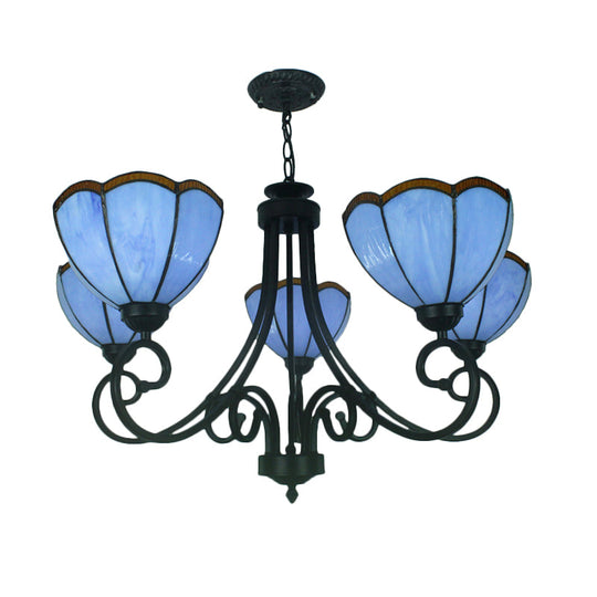 Yellow/Blue Tiffany Stained Glass Chandelier: Scalloped Style - 5-Light Pendant Lighting For Living