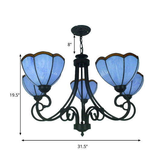 Yellow/Blue Tiffany Stained Glass Chandelier: Scalloped Style - 5-Light Pendant Lighting For Living