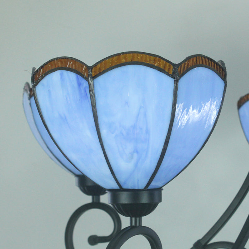 Yellow/Blue Tiffany Stained Glass Chandelier: Scalloped Style - 5-Light Pendant Lighting For Living