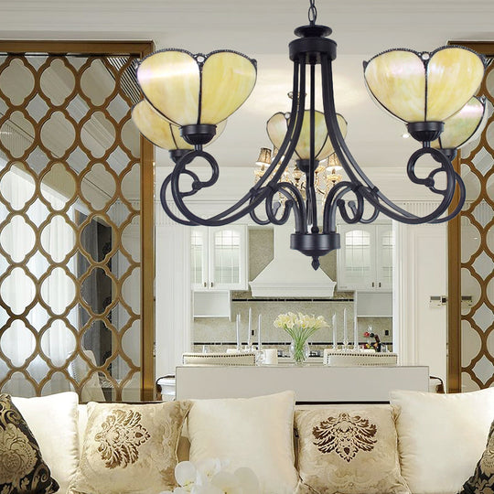 Yellow/Blue Tiffany Stained Glass Chandelier: Scalloped Style - 5-Light Pendant Lighting For Living