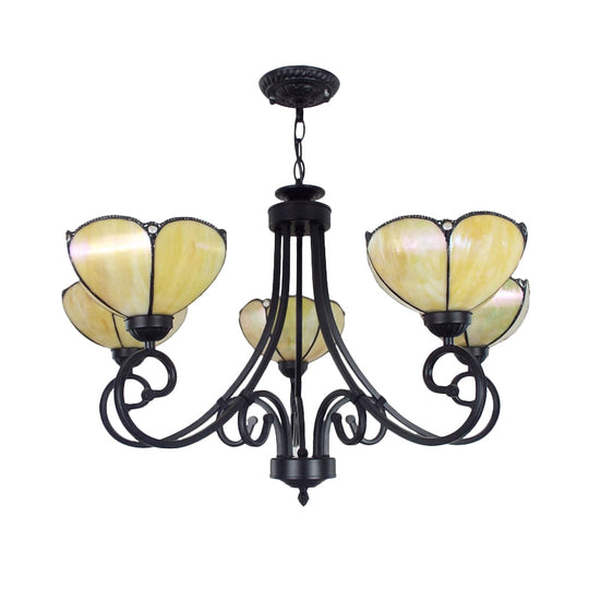 Yellow/Blue Tiffany Stained Glass Chandelier: Scalloped Style - 5-Light Pendant Lighting For Living