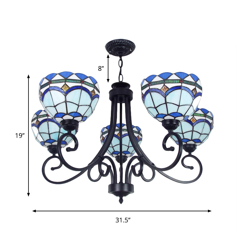 Mediterranean Stained Glass Pendant Light - 5 Blue Lights, Hanging Ceiling Fixture