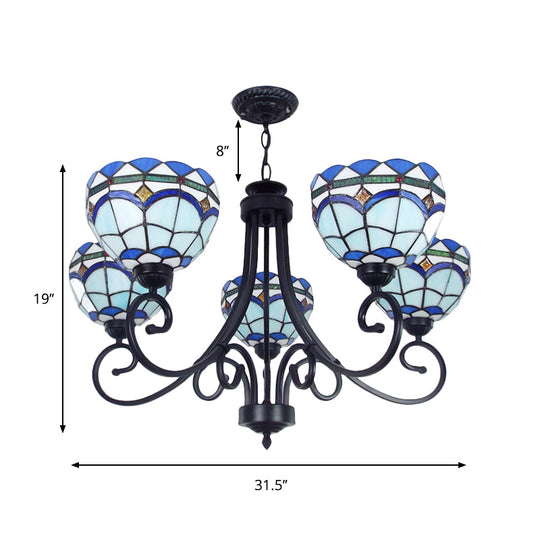 5-Light Stained Glass Mediterranean Bowl Pendant In Blue