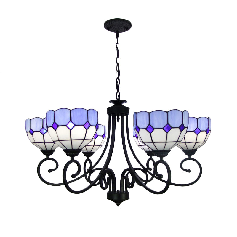 Mediterranean Chandelier Light With Stained Glass Bowl Shade For Foyer Pendant Lighting