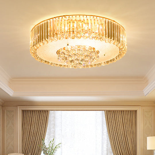 Minimal LED Gold Drum Flush Mount Lamp with Faceted Crystal, Ideal for Bedroom Ceiling Lighting