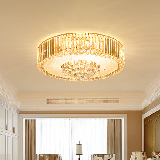 Minimal LED Gold Drum Flush Mount Lamp with Faceted Crystal, Ideal for Bedroom Ceiling Lighting