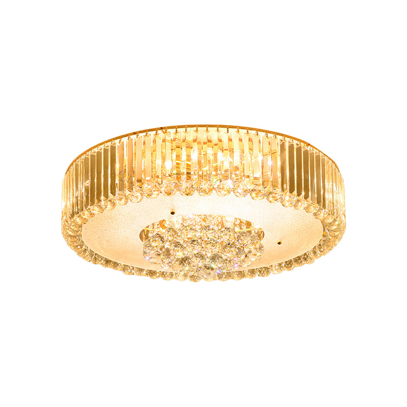 Minimal LED Gold Drum Flush Mount Lamp with Faceted Crystal, Ideal for Bedroom Ceiling Lighting