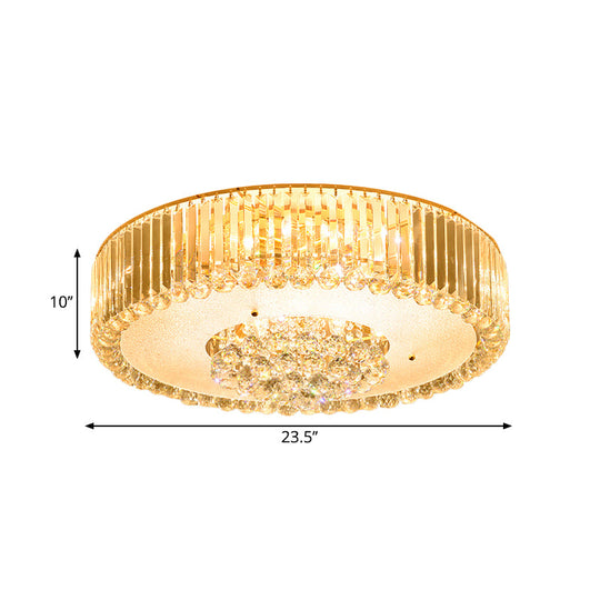 Minimal LED Gold Drum Flush Mount Lamp with Faceted Crystal, Ideal for Bedroom Ceiling Lighting