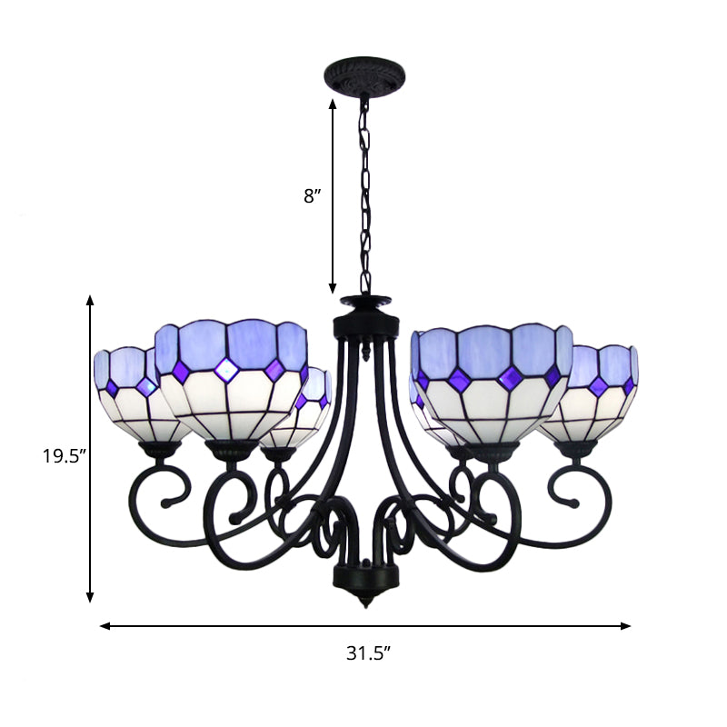 Mediterranean Chandelier Light With Stained Glass Bowl Shade For Foyer Pendant Lighting