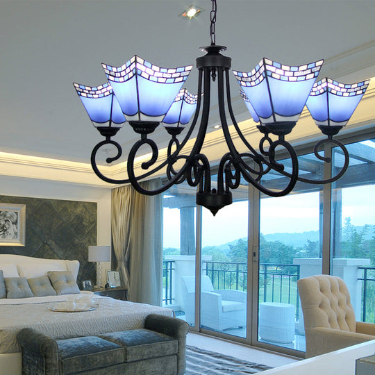 Nautical Cone Chandelier Lamp: Curved Arm Stained Glass Pendant Lighting In Sky Blue/Blue - 6 Lights