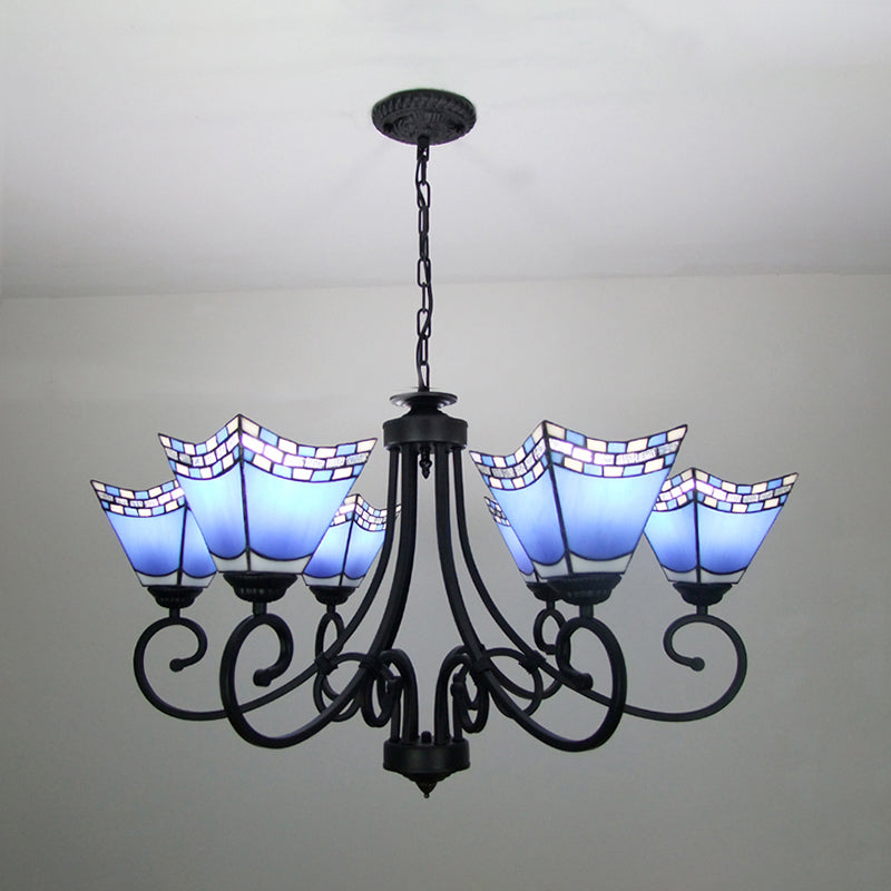 Nautical Cone Chandelier Lamp: Curved Arm Stained Glass Pendant Lighting In Sky Blue/Blue - 6 Lights