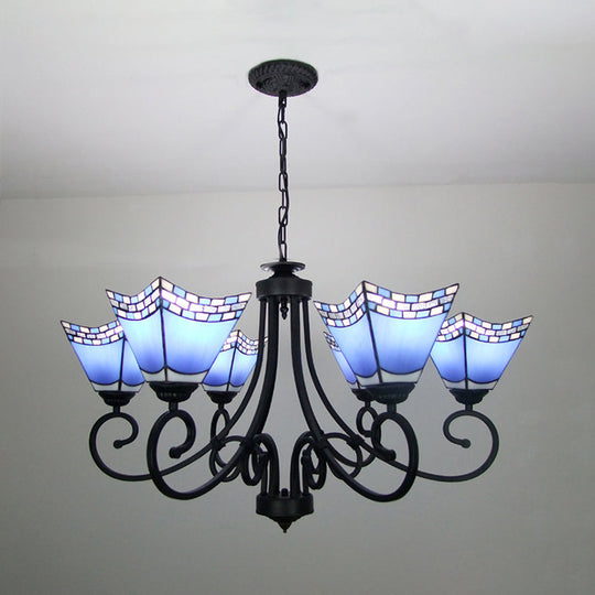 Nautical Cone Chandelier Lamp: Curved Arm Stained Glass Pendant Lighting In Sky Blue/Blue - 6 Lights