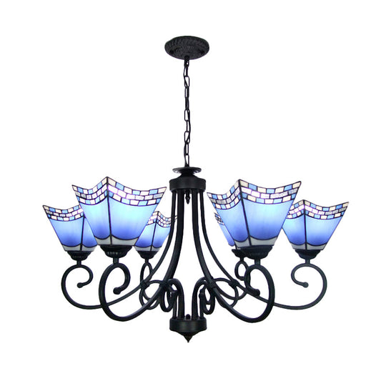 Nautical Cone Chandelier Lamp: Curved Arm Stained Glass Pendant Lighting In Sky Blue/Blue - 6 Lights