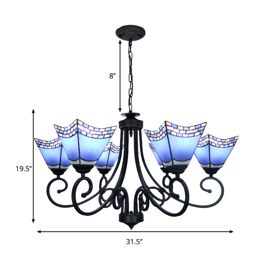 Nautical Cone Chandelier Lamp: Curved Arm Stained Glass Pendant Lighting In Sky Blue/Blue - 6 Lights