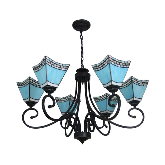 Nautical Cone Chandelier Lamp: Curved Arm Stained Glass Pendant Lighting In Sky Blue/Blue - 6 Lights