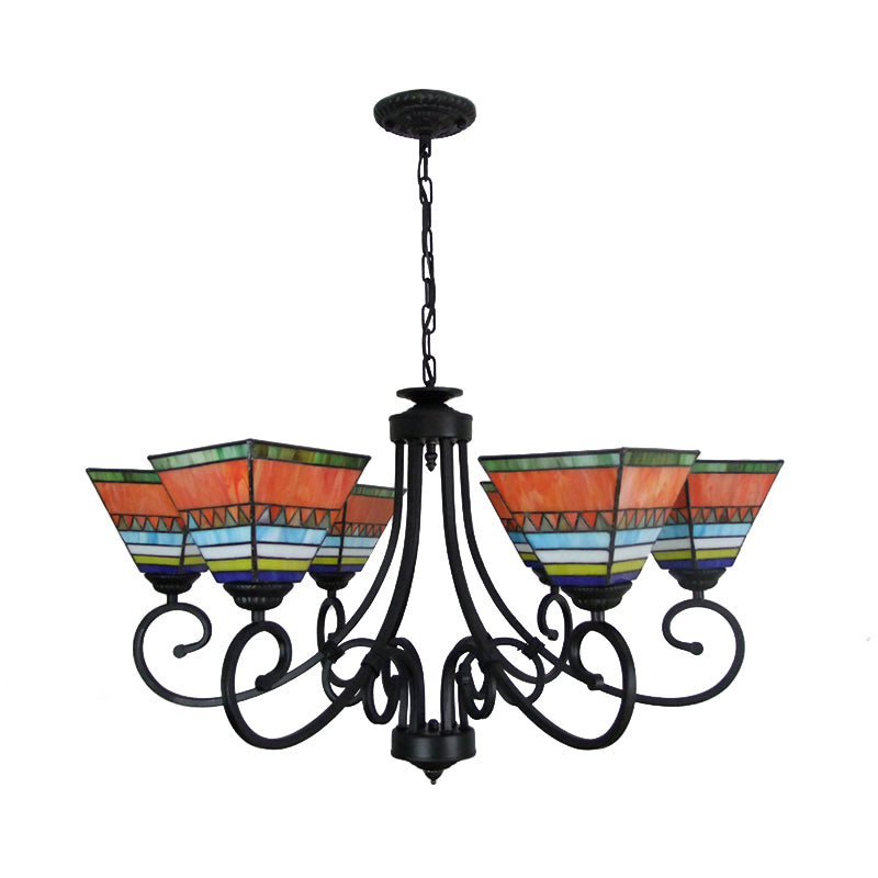 Mission Style Stained Glass Pyramid Chandelier with 6 Pink/Orange Lights - Perfect for Living Room Ambiance