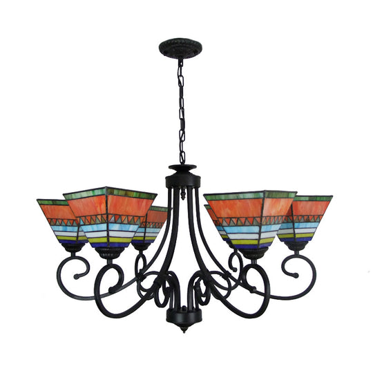 Mission Style Stained Glass Pyramid Chandelier with 6 Pink/Orange Lights - Perfect for Living Room Ambiance