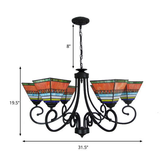 Mission Style 6-Light Stained Glass Chandelier In Pink/Orange For Living Room