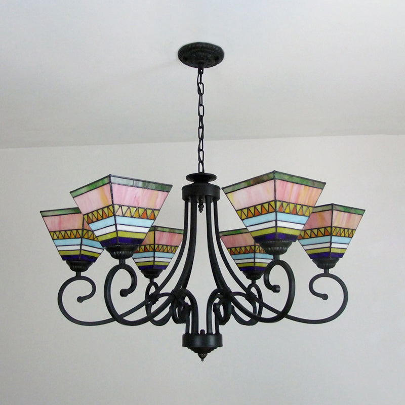 Mission Style Stained Glass Pyramid Chandelier with 6 Pink/Orange Lights - Perfect for Living Room Ambiance