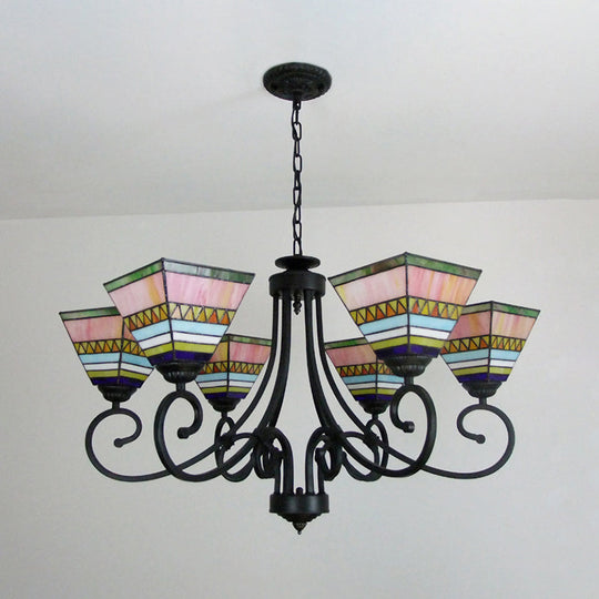 Mission Style 6-Light Stained Glass Chandelier In Pink/Orange For Living Room