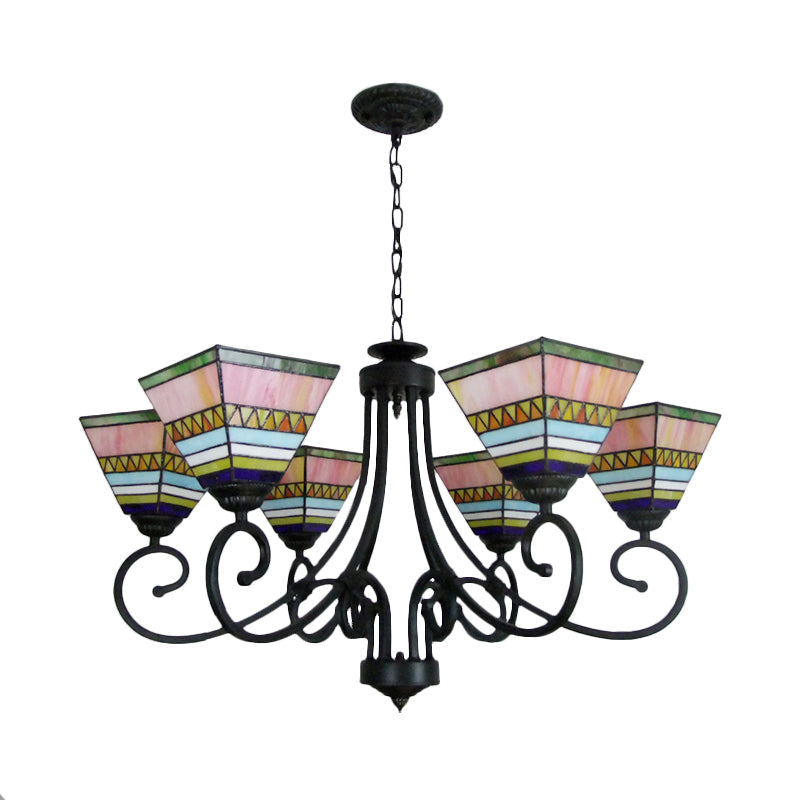 Mission Style Stained Glass Pyramid Chandelier with 6 Pink/Orange Lights - Perfect for Living Room Ambiance