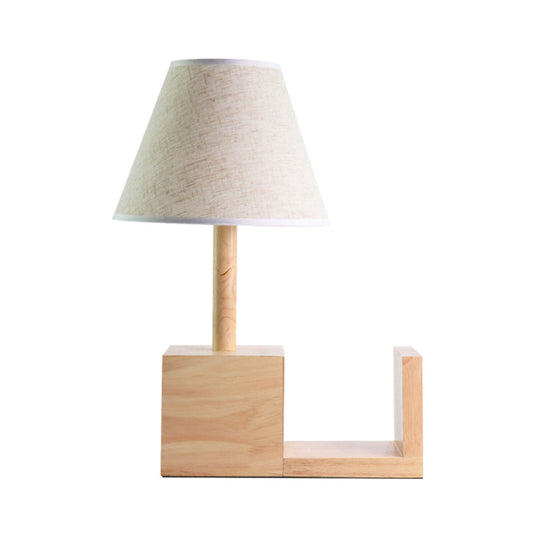 Contemporary Tapered Fabric Night Table Light White 1-Head Desk Lamp With Wood Shelf Base