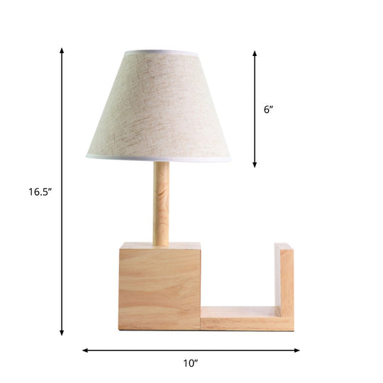 Contemporary Tapered Fabric Night Table Light White 1-Head Desk Lamp With Wood Shelf Base