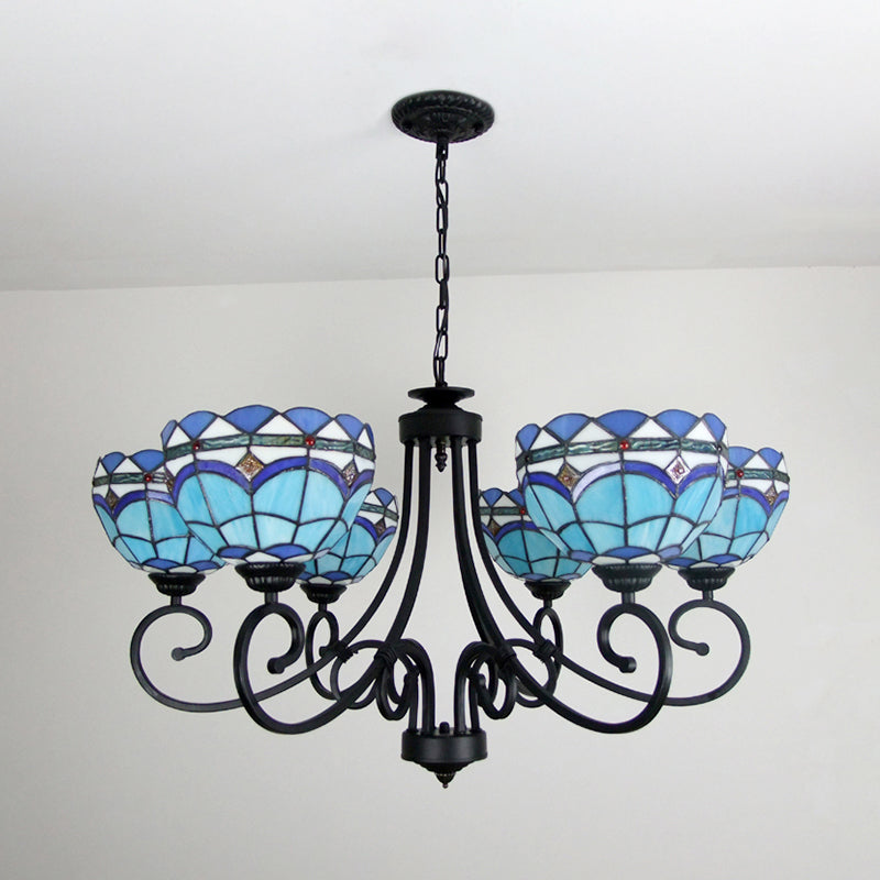 Blue Glass Bowl Chandelier - Baroque Pendant Light With 6 Lights & Metal Chain For Living Room