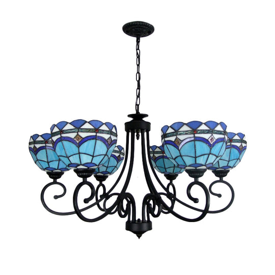 Blue Glass Bowl Chandelier - 6-Light Pendant Light with Metal Chain for Living Room Décor