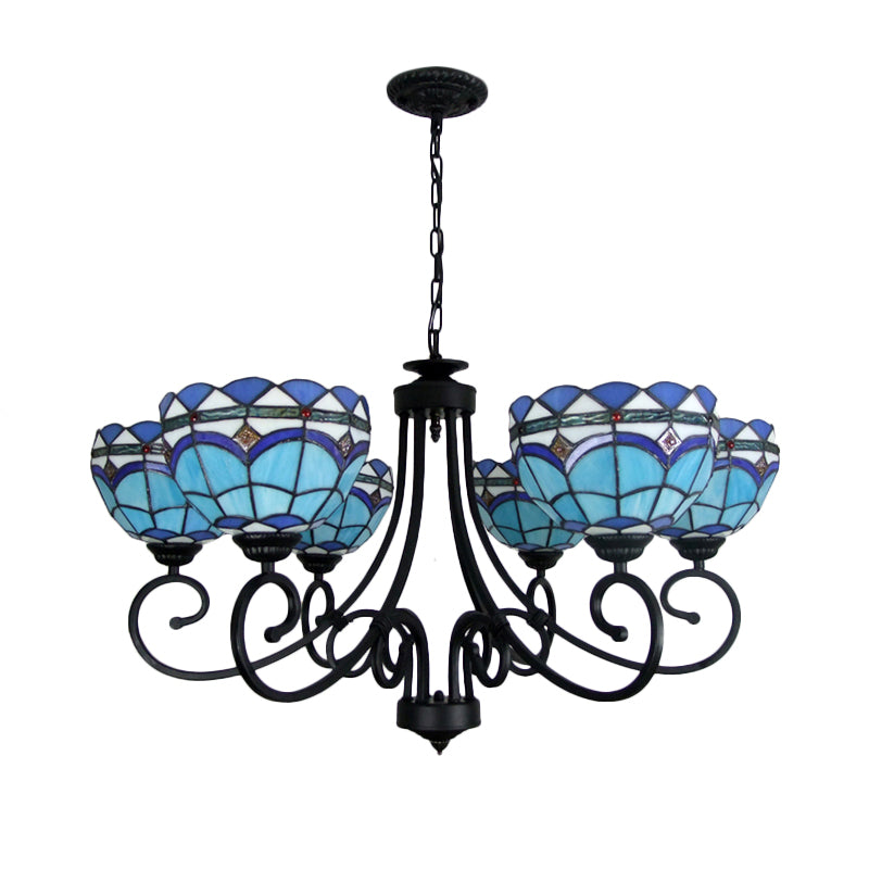 Blue Glass Bowl Chandelier - Baroque Pendant Light With 6 Lights & Metal Chain For Living Room