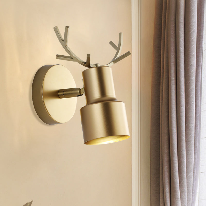 Macaron Gold Antler Led Wall Light: Modern 1-Light Fixture For Bedroom With Dual Drum Metal Shade