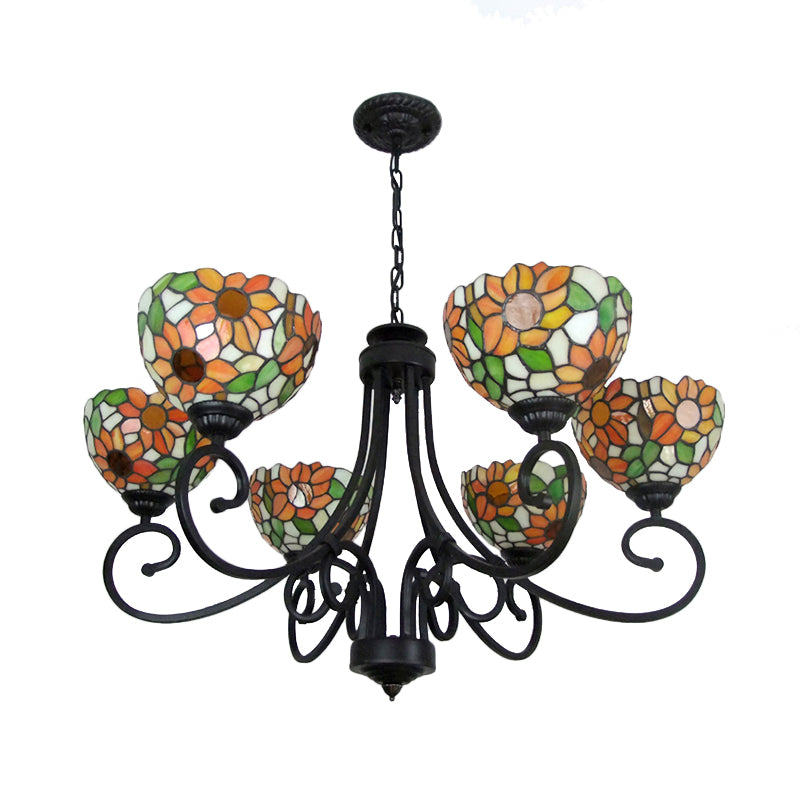 Stained Glass Sunflower Chandelier with 6 Lights and Metal Chain for Indoor Pendant Lighting