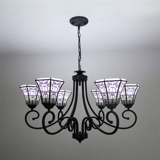 6-Light Lodge Style Black Glass Bell Pendant Light With Fence Design Chandelier