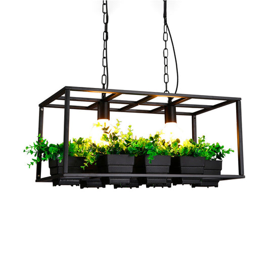 Factory Metallic Island Lamp With Artificial Plant Deco - Black/White Rectangle 2 Lights For Living