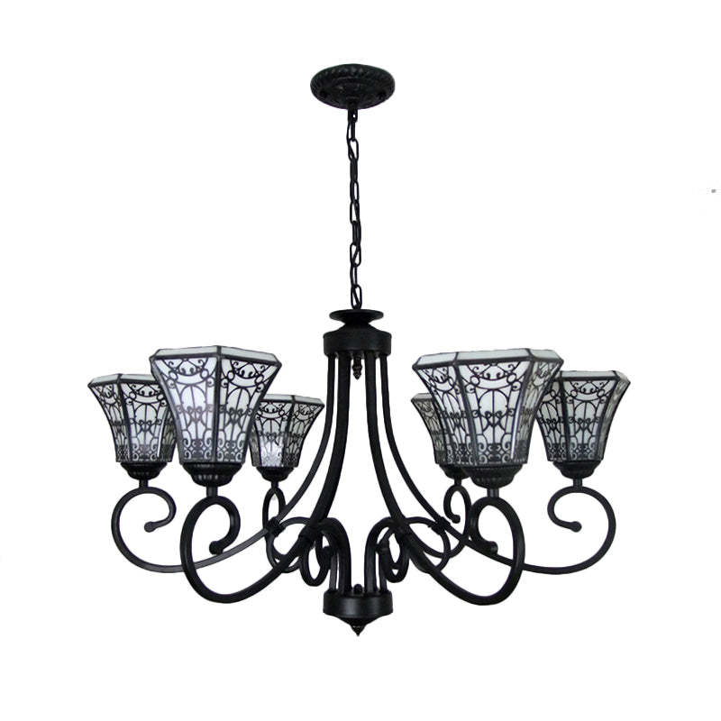 6-Light Lodge Style Black Glass Bell Pendant Light With Fence Design Chandelier