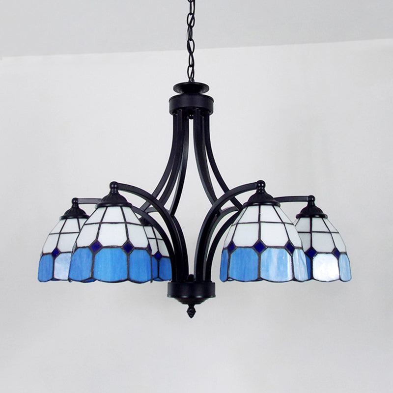 Tiffany Style Stained Glass Dome Chandelier in Blue/Beige - Multi Light Pendant