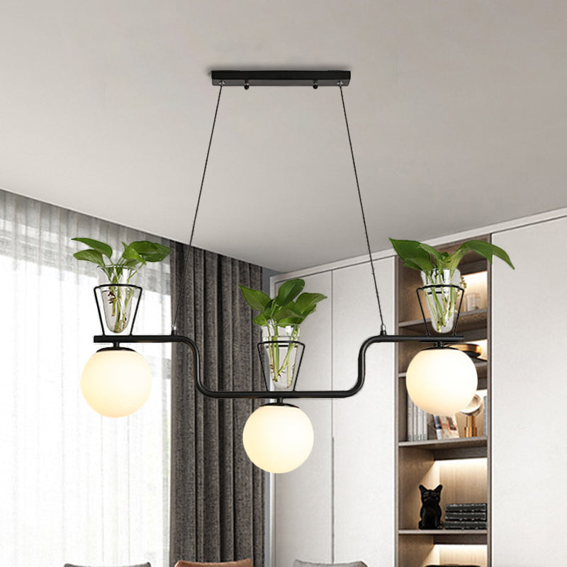 Industrial Black Pendant Lamp With Opal Glass Globe And Clear Pot 3-Bulb Island Light Fixture