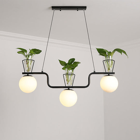 Industrial Black Island Light Fixture with Opal Glass Globe Pendant and Clear Glass Pot - 3-Bulb