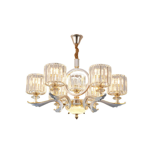 Minimalist Clear Crystal Drum Pendant Chandelier With 6 Gold Bulbs - Modern Hanging Ceiling Light