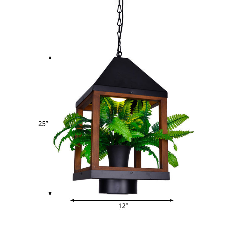 Factory-Black Metallic Pavilion Pendant Lamp With Bonsai For Dining Room