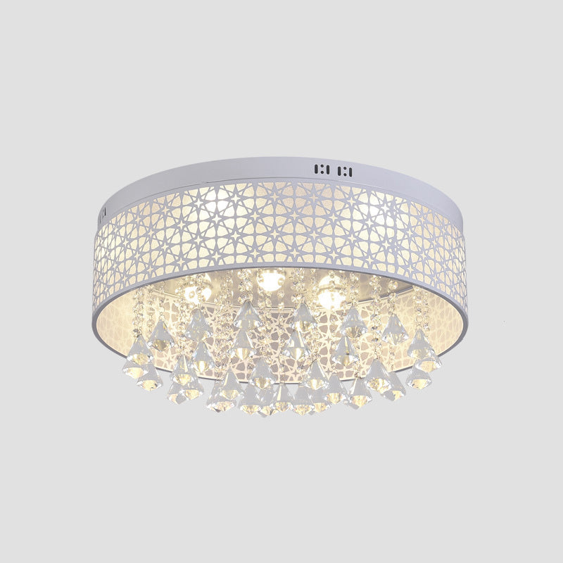 Modern Led Flush Mount Ceiling Light With Crystal Droplet - White Drum Design