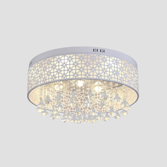 Modern Led Flush Mount Ceiling Light With Crystal Droplet - White Drum Design