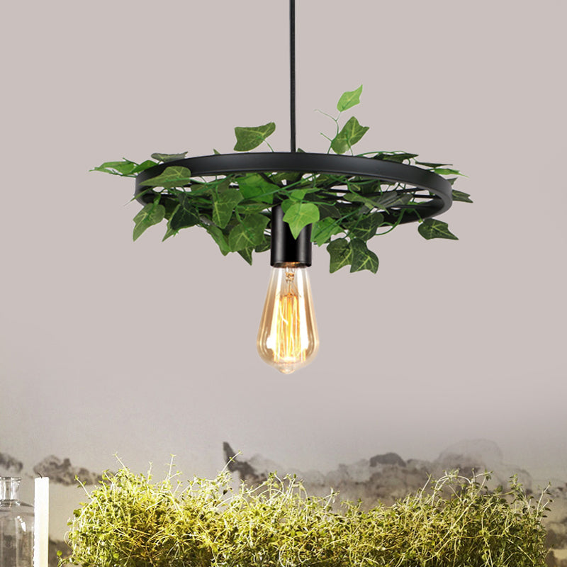 Industrial Metal Black Hanging Light With 1 Head Wheel Kit And Plant Deco - Ceiling Pendant