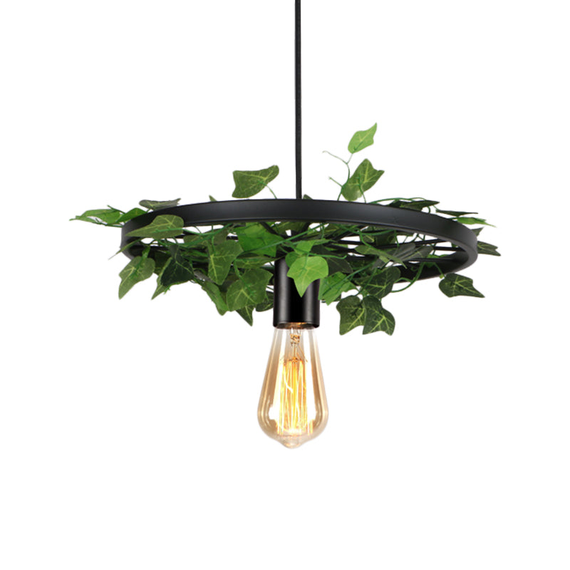 Industrial Metal Black Hanging Light With 1 Head Wheel Kit And Plant Deco - Ceiling Pendant