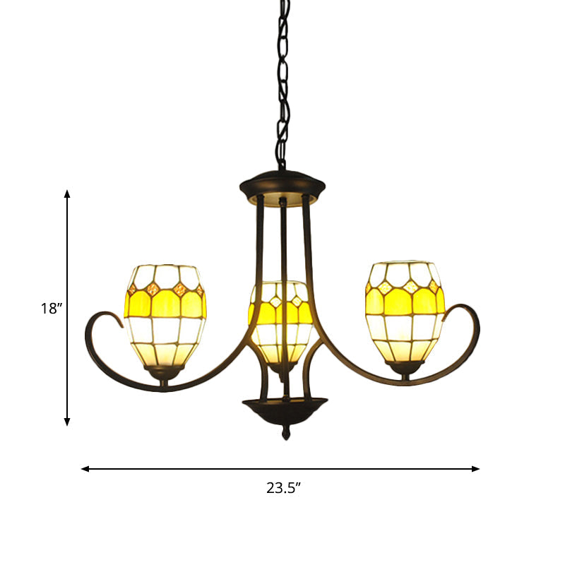 Yellow Stained Glass Tiffany Chandelier with 3 Oval Pendant Lights for Bedroom Lighting