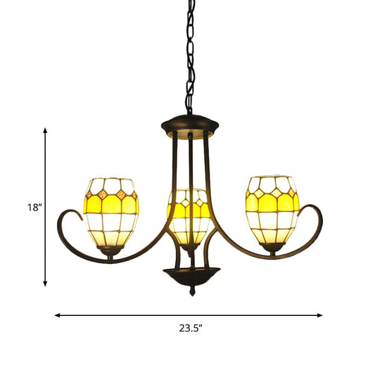 Yellow Stained Glass Tiffany Chandelier with 3 Oval Pendant Lights for Bedroom Lighting