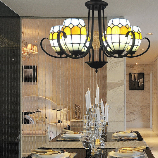 Yellow Stained Glass Oval Chandelier with Adjustable Chain - Ideal for Restaurants (6/8 Lights)