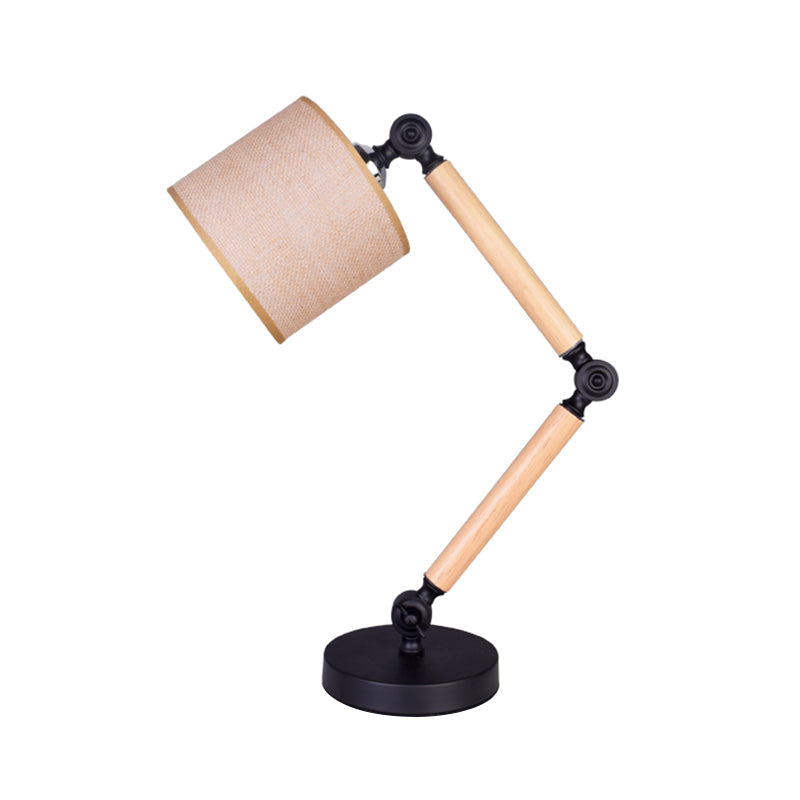 Adjustable Wood Arm Black Desk Light: Simple Cylinder Fabric Table Lamp For Bedroom - 1 Light