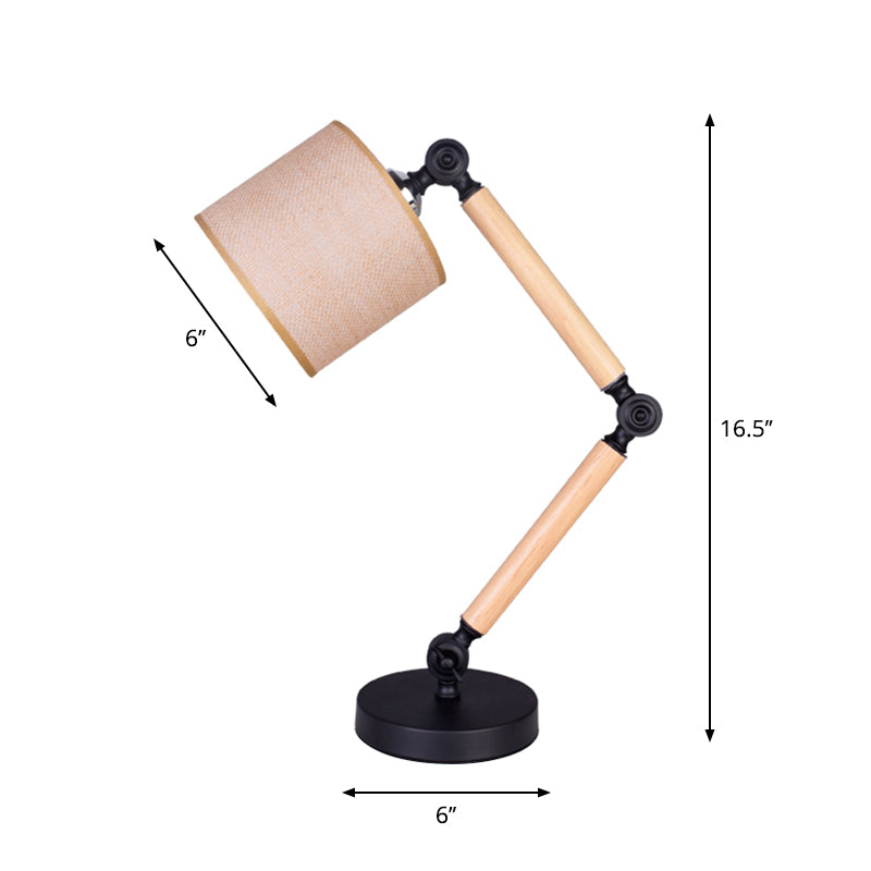 Adjustable Wood Arm Black Desk Light: Simple Cylinder Fabric Table Lamp For Bedroom - 1 Light